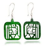 Reclaimed wood dangle earrings, 'Mayan Essence in Green' - Maya-Themed Hand-Carved Openwork Reclaimed Wood Earrings