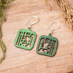 Reclaimed wood dangle earrings, 'Mayan Essence in Green' - Maya-Themed Hand-Carved Openwork Reclaimed Wood Earrings