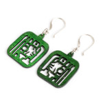 Reclaimed wood dangle earrings, 'Mayan Essence in Green' - Maya-Themed Hand-Carved Openwork Reclaimed Wood Earrings