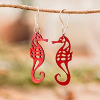 Reclaimed wood dangle earrings, 'Red Seahorse Spell' - Red Openwork Reclaimed Wood Earrings with Seahorse Motif