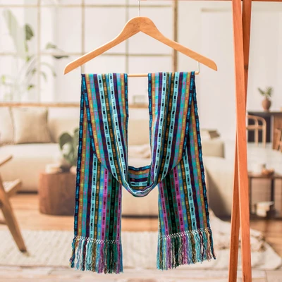 Rayon scarf, 'Intertwining Colors' - Block-Patterned Hand-Loomed Rayon Scarf with Fringes