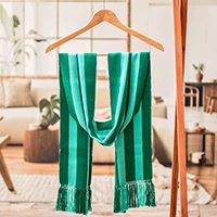Rayon scarf, 'Stripes of Luxury' - Striped Fringed Hand-Loomed Rayon Scarf in Shades of Green