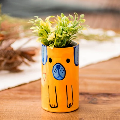 Ceramic pen holder, 'Yellow Loyal Organizer' - Hand-Painted Ceramic and Utensil Pen Holder with Dog Motif