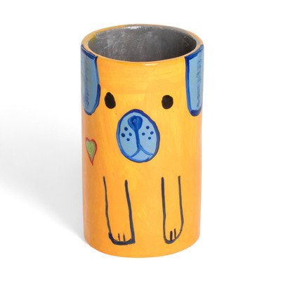 Ceramic pen holder, 'Yellow Loyal Organizer' - Hand-Painted Ceramic and Utensil Pen Holder with Dog Motif