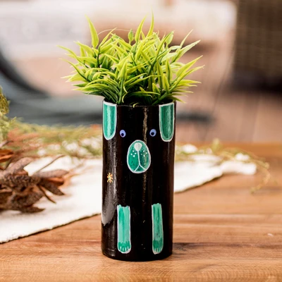 Ceramic pen holder, 'Black Canine Organizer' - Ceramic Dog Utensil Pen Holder and Decorative Vase in Black