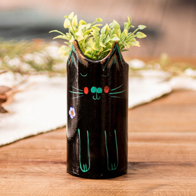 Ceramic pen holder, 'Petite Black Feline Organizer' - Cat-Themed Ceramic Decorative Vase Utensil and Pen Holder