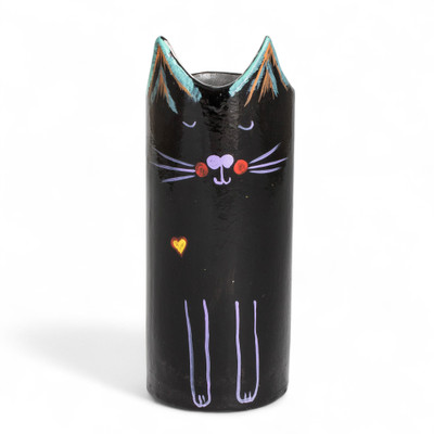Ceramic pen holder, 'Black Feline Organizer' - Ceramic Cat Utensil Pen Holder and Decorative Vase in Black