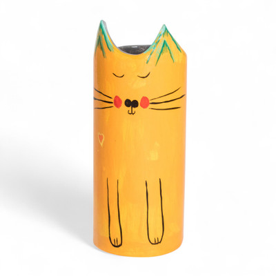 Ceramic pen holder, 'Yellow Feline Organizer' - Ceramic Decorative Vase Utensil Pen Holder with Cat Design