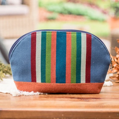Cotton cosmetic bag, 'Dreamy Paths' - Striped Blue and Brown 100% Cotton Zippered Cosmetic Bag
