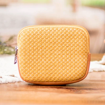 Leather-accented cotton coin purse, 'Sunny Tales' - Leather-Accented 100% Cotton Coin Purse in a Yellow Hue