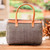 Leather-accented handle bag, 'Cheeky Waves' - Chevron-Patterned Cotton Handle Bag in Brown and White Hues