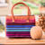 Leather-accented handle bag, 'Vibrant Choices' - Multicolor Striped Cotton Handle Bag with Leather Accents