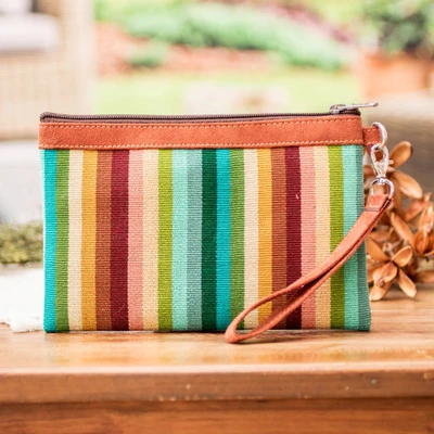 Cotton cosmetic bag, 'Palette of Paradise' - Striped Green and Brown Zippered 100% Cotton Cosmetic Bag