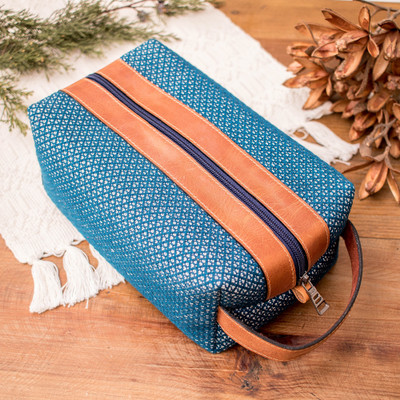 Leather-accented cotton toiletry bag, 'Illusions in Turquoise' - Turquoise and Caramel Leather Handwoven Cotton Toiletry Bag