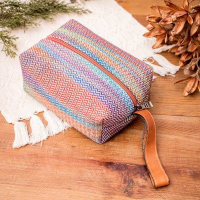 Leather-accented cotton toiletry bag, 'Joyful Tones' - Pastel-Toned Leather-Accented Woven 100% Cotton Toiletry Bag