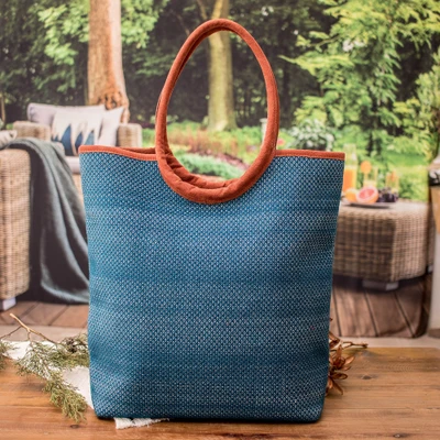 Cotton handle bag, 'Ilusión Turquesa' - Faux Leather and Cotton Handle Bag in Turquoise Blue Hues