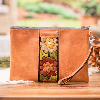Leather-accented embroidered cosmetic bag, 'Blooms of Fall' - Autumn-Themed Floral Leather-Accented Cotton Cosmetic Bag