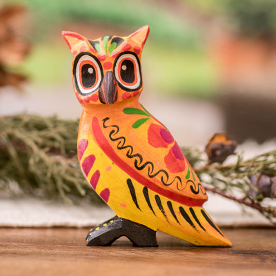 Wood alebrije figurine, 'Overjoyed Owl' - Hand-Painted Owl and Floral Pinewood Alebrije Figurine