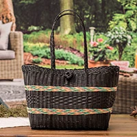 Handwoven shoulder bag, 'Nocturnal Waves' - Handwoven Eco-Friendly Striped Black and Pastel Shoulder Bag