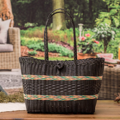Handwoven shoulder bag, 'Nocturnal Waves' - Handwoven Eco-Friendly Striped Black and Pastel Shoulder Bag