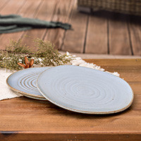 Ceramic luncheon plates, 'Appetite for Serenity' (pair) - Natural Clay and Pale Blue Glaze Ceramic Luncheon Plate Pair