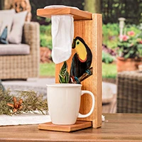 Wood single-serve drip coffee stand, 'Coffee with Toucans' - Hand-Painted Pinewood Toucan Single-Serve Drip Coffee Stand