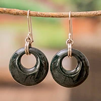 Jade dangle earrings, 'Glowing Dark Green' - Round Dark Green Jade Sterling Silver Dangle Earrings
