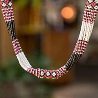 Long beaded torsade necklace, 'White and Rose Harmony' - Glass Beaded Long Torsade Necklace Handcrafted in Guatemala