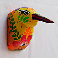 Wood wall mask, 'Hummingbird of Light' - Hummingbird-Themed Hand-Painted Reclaimed Wood Wall Mask