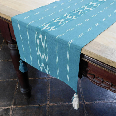 Cotton table runner, 'Meals in Turquoise' - Turquoise and White 100% Cotton Table Runner with Tassels