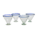Handblown margarita glasses, 'Waves of Euphoria' (set of 4) - Handmade Eco-Friendly Blue-Rim 4-Piece Margarita Glass Set