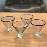 Handblown margarita glasses, 'Waves of Euphoria' (set of 4) - Handmade Eco-Friendly Blue-Rim 4-Piece Margarita Glass Set