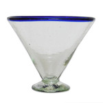 Handblown margarita glasses, 'Waves of Euphoria' (set of 4) - Handmade Eco-Friendly Blue-Rim 4-Piece Margarita Glass Set