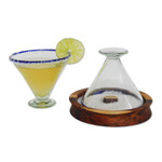 Handblown margarita glasses, 'Waves of Euphoria' (set of 4) - Handmade Eco-Friendly Blue-Rim 4-Piece Margarita Glass Set