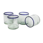 Handblown lowball glasses, 'Waves of Delight' (set of 4) - Handblown Eco-Friendly 4-Piece Blue-Rim Lowball Glass Set