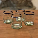 Handblown lowball glasses, 'Waves of Delight' (set of 4) - Handblown Eco-Friendly 4-Piece Blue-Rim Lowball Glass Set