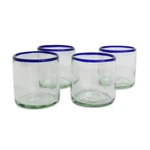 Handblown lowball glasses, 'Waves of Delight' (set of 4) - Handblown Eco-Friendly 4-Piece Blue-Rim Lowball Glass Set