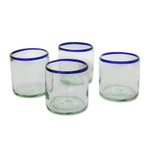 Handblown lowball glasses, 'Waves of Delight' (set of 4) - Handblown Eco-Friendly 4-Piece Blue-Rim Lowball Glass Set
