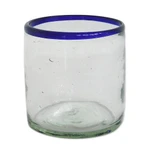 Handblown lowball glasses, 'Waves of Delight' (set of 4) - Handblown Eco-Friendly 4-Piece Blue-Rim Lowball Glass Set