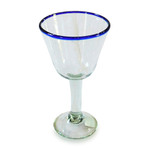 Handblown recycled glass wine glasses, 'Waves of Glee' (set of 4) - Set of 4 Eco-Friendly Handblown Wine Glasses with Blue Rim