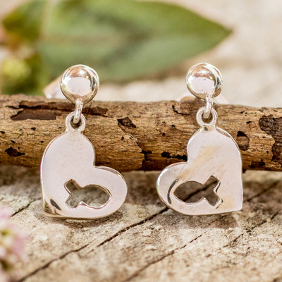 Sterling silver button earrings, 'Heart of Holiness' - Silver Heart Button Earrings with Cutout Jesus Fish Accent