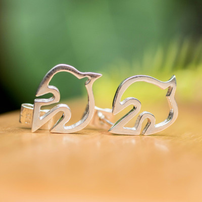 Sterling silver button earrings, 'Faithful Holy Spirit' - Silver Button Earrings with Openwork Holy Spirit Dove Shape