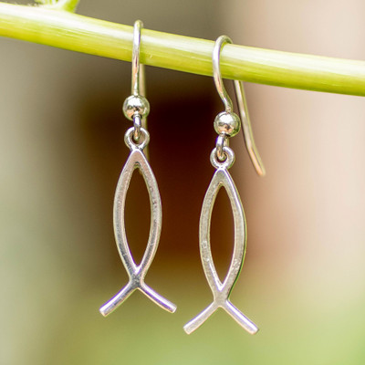 Sterling silver dangle earrings, 'Jesus Fish' - Ichthys Jesus Fish-Themed Minimalist Silver Dangle Earrings