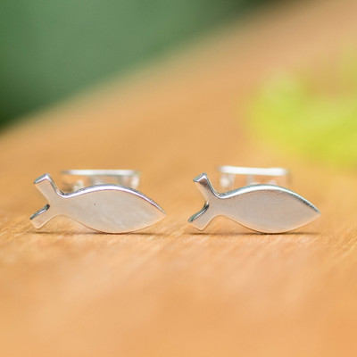 Sterling silver stud earrings, 'Focus in Faith Forever' - Spiritual Ichthys Jesus Fish-Shaped Silver Stud Earrings