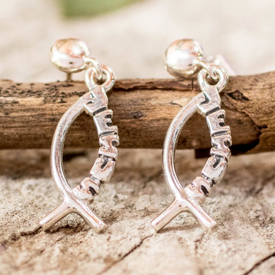 Sterling silver dangle earrings, 'Jesus Hope' - Silver Dangle Earrings with Ichthys Jesus Fish Motif