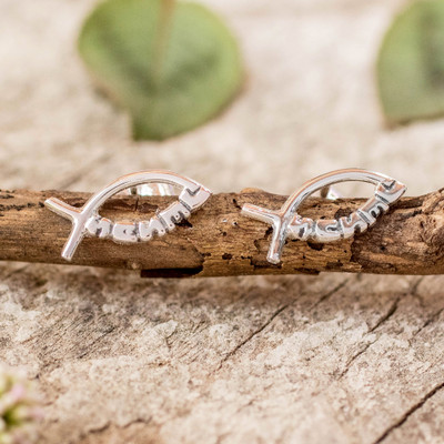 Sterling silver button earrings, 'Jesus Promise' - Ichthys Jesus Fish Silver Button Earrings from Guatemala