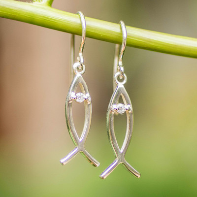 Cubic zirconia dangle earrings, 'Ichthys Jesus Fish' - Ichthys Jesus Fish Cubic Zirconia and Silver Dangle Earrings