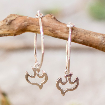 Sterling silver hoop earrings, 'Loyal Holy Spirit' - Silver Hoop Earrings with Openwork Holy Spirit Dove Accents