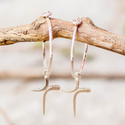Sterling silver hoop earrings, 'Cross of Hope' - Silver Hoop Earrings with Minimalist Modern Cross Accents