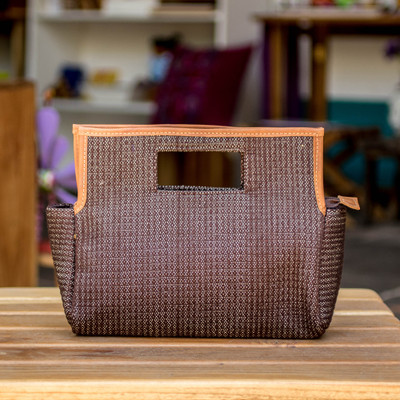 Leather-accented cotton handle bag, 'Sublime Style' - Brown White Leather-Accented Handwoven Cotton Handle Bag